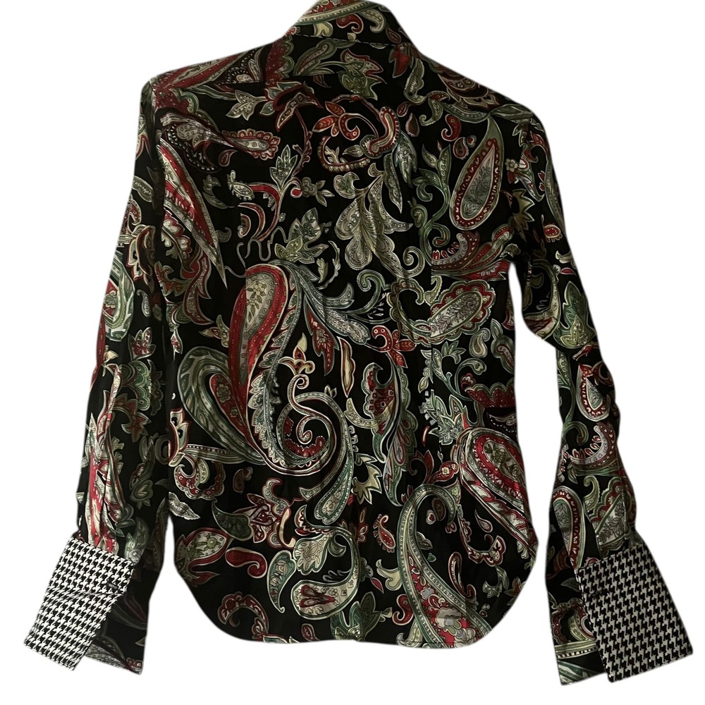 Kent Nielsen Black Paisley Print Retro Button Up Shirt Size 8 Houndstooth Cuffs - Picture 2 of 5